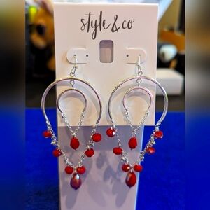 🆕 STYLE & CO. Beaded Chandelier Earrings Red/Silver Tone NEW!